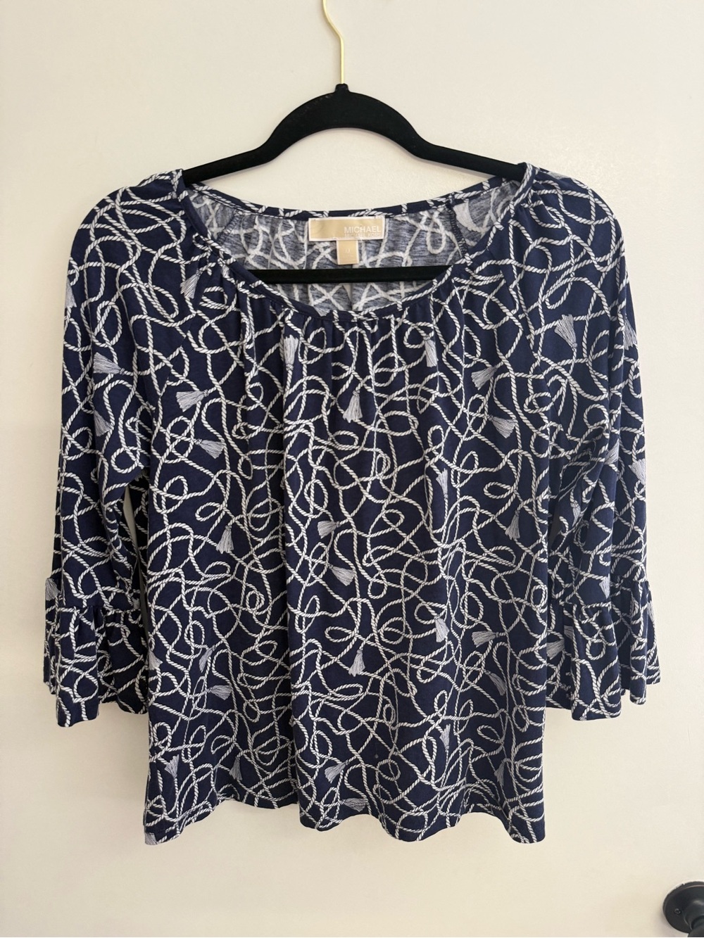 Michael Kors Navy and White Rope-Print Long Sleeve Top